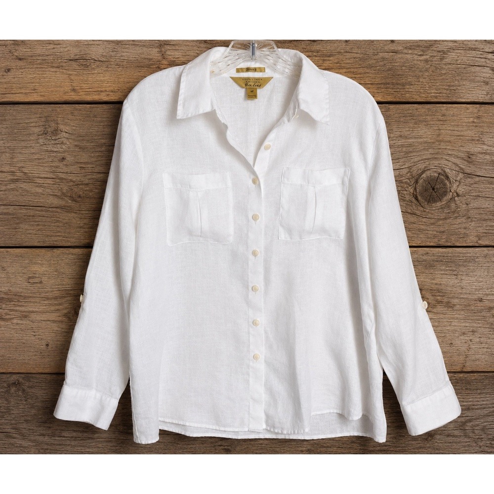 White Linen Shirt Women 16P Button Up Long Sleeve Relaxed Fit Coastal Capsule